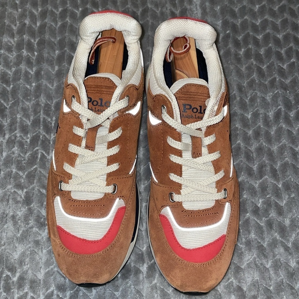 Polo Ralph Lauren Men’s 10 Trackstr 200 Suede Leather Retro Sneakers Brown Red - Picture 2 of 14
